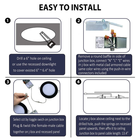 Installation guide for Slim LED Canless Recessed Downlight 6 Inch, 12W, 1027 Lumens, 5 CCT Adjustable Ceiling Light With Junction Box
