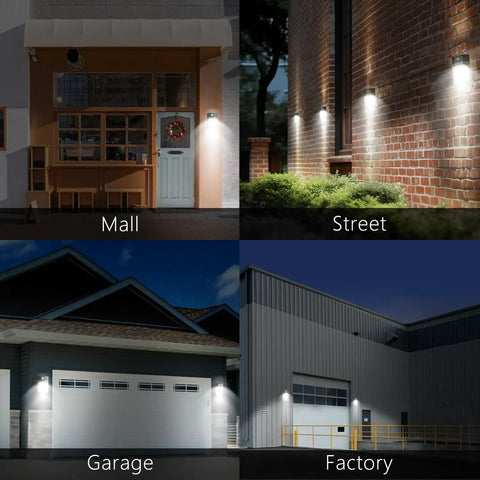 Beefy 30W LED Wall Pack Light With Dusk To Dawn Sensor, 3600 Lumens, installed on mall, street, garage, and factory walls at night.