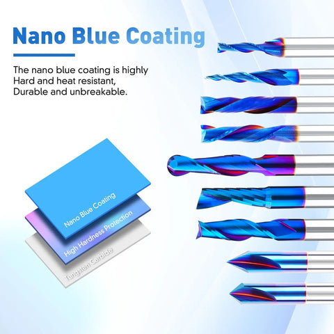 Nine Piece Solid Carbide CNC Router Bit Set With Nano Blue Coating And One Fourth Inch Shank Hella Sharp Edges on display showing detailed coating.