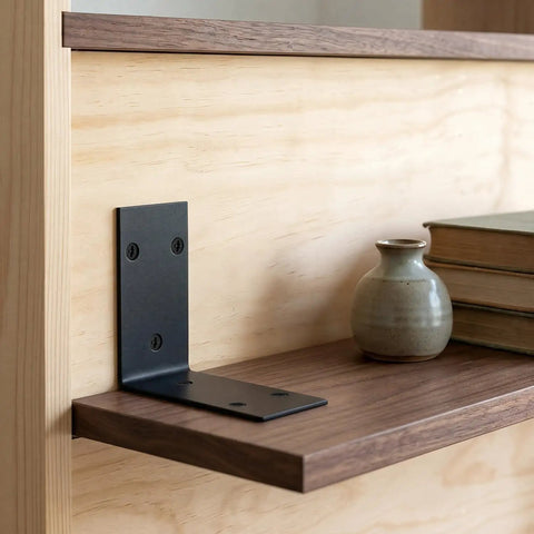 Heavy Duty Black Stainless Steel L Shelf Brackets Four Pack For Wood Furniture Cabinet Rack No Mess Install Knockout Support Wall Mount Hardware Display Stand on wooden shelf with decor.