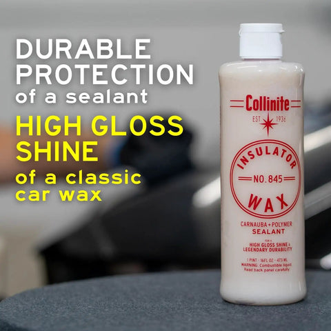 845 Insulator Wax Carnauba And Polymer Sealant With No Fuss Easy To Use Ultra High Gloss Finish bottle on table