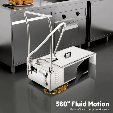 Heavy Duty 55L Mobile Fryer Oil Filter Machine With Cart, stainless steel unit with wheels for kitchen mobility.