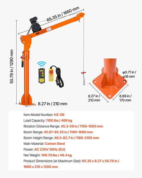 Heavy Hitter Electric Pickup Truck Crane featuring a 3500 Pound Electric Winch and 360 Degree Swivel Folding Hoist with measurements.
