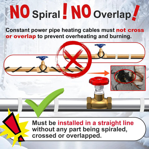 HEATIT water pipe heating cable, black, installed in a straight line for 120V freeze protection