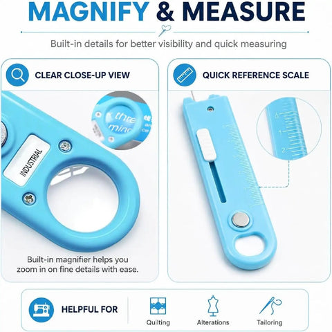 4 In 1 Needle Threader Kit With Seam Ripper Magnifying Glass And Magnetic Guide For Easy Threading Stitch Removal And Quick Sewing Fixes No Fuss All In One Sewing Accessory For Home Crafters, blue magnifier and measuring scale