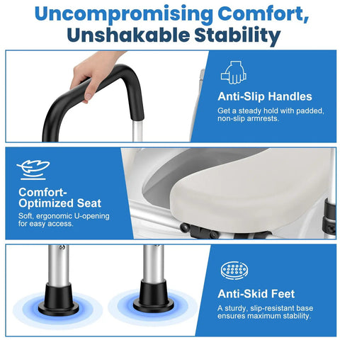 Premium Raised Toilet Seat Featuring Secure Grip Handles For Seniors And Pre And Post Surgery Recovery Built Tough With Anti Slip Base No Hassle Setup Supports Four Hundred Pounds FSA HSA Approved Bath Gear showing anti-slip handles, comfort-optimized seat, and anti-skid feet.