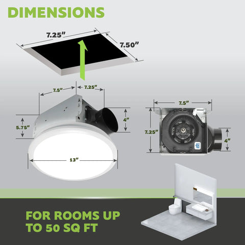 Dimensions and installation of Whisper Quiet Bathroom Exhaust Fan With Integrated LED Light Ceiling Mount 50 CFM Ventilation 0.7 Sones.
