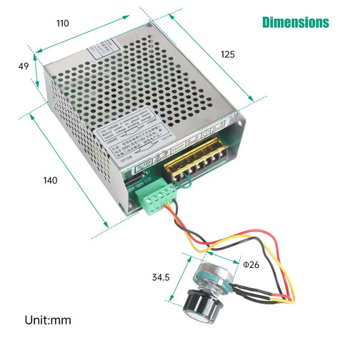 800W Mach3 CNC Spindle Motor Speed Controller and Power Supply with dimensions, adjustable 110V to 220V input, for CNC router milling