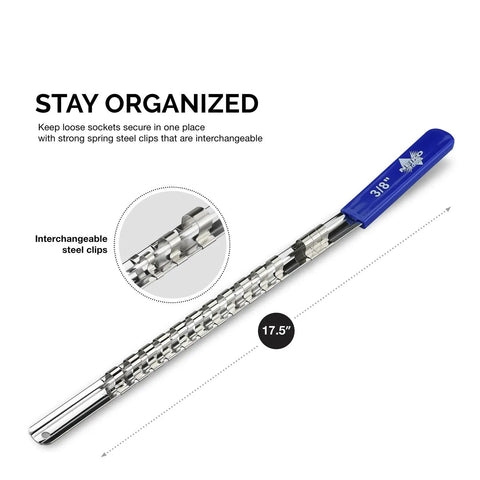 Heavy Duty Socket Organizer Tray With Beefy Rails Made For 1/4 3/8 And 1/2 Inch Drive Sockets, 17.5 inch long with interchangeable clips.