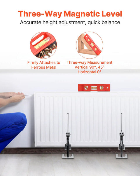 Three-Way Magnetic Level with 2 Pack Heavy Duty Steel Labor Saving Arm Jacks for precise measurements and easy furniture moves.