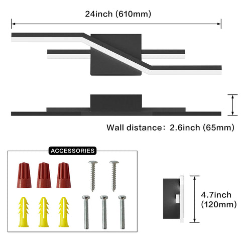 Diagram of Ultra Bright Dimmable LED Vanity Light Fixture dimensions and accessories, showing size and mounting details.