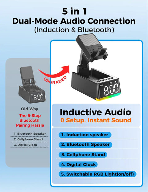 5-in-1 Induction Phone Stand With Bluetooth Speaker HD Sound Dope Gift For Him Dorm Essentials Anti Slip Black Gadget