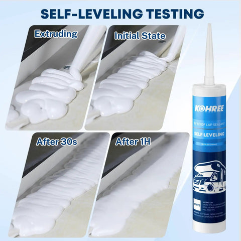 Self-leveling test for RV Roof Sealant Kit 4 Pack Self Leveling Lap Sealant In White, showing application stages.