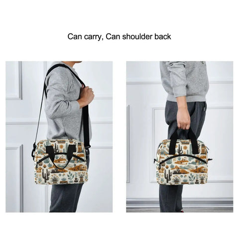 Person carrying Western Desert Cooler Bag Insulated Lunch Tote 10L Leakproof Portable Lunch Box with shoulder strap and handles.