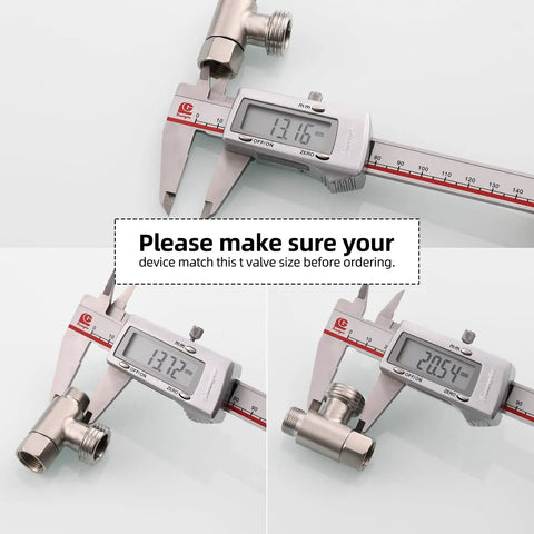 Three Eighths Inch And One Half Inch Stainless Steel Tee Connector With Fittings Nickel Brushed Finish measurements displayed