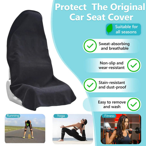Black universal front seat protector with focus keyword: Universal Front Seat Protector Covers Waterproof And Sweatproof Non Slip Washable Towel Seat Covers For Cars Trucks And Jeeps 2 Pack Ideal For All Seasons display text and person exercising images at the bottom showcasing use for fitness.
