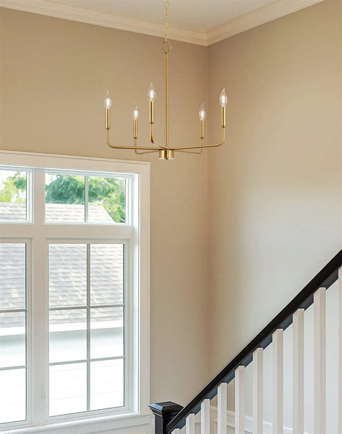Chic 22 Inch Modern Five Light Gold Chandelier with Candle Style Sockets Open Frame Warm Brass Fixture in Entryway