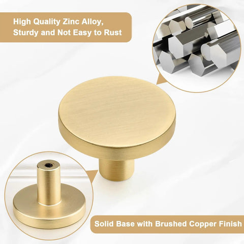 Heavy Duty Round Cabinet Knobs Four Pack Brushed Gold Zinc Alloy Kitchen Handle Replacement With No Sweat Install, close-up of round knob with solid base.