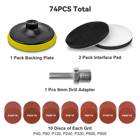 74 piece Five Inch Angle Grinder Sanding Disc Kit with hook and loop backing pad, foam pads, drill adapter, assorted grits 40-800