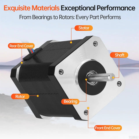 High torque Nema 17 stepper motor showing components and structure for CNC and 3D printer applications.