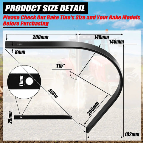 Diagram showing Six Pack Heavy Duty Rock Rake Tines Replacement size dimensions for landscape rakes, including measurements and angles.