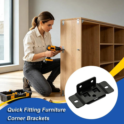 Woman using power drill to install beefy heavy duty steel corner brace bracket for hidden mounting and furniture repair.