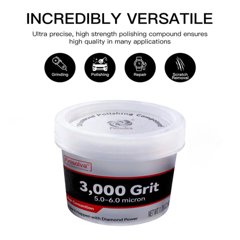 Pro Grade Heavy Duty Top Notch Professional Diamond Polishing Paste 3000 Grit Lapping Compound in a clear container.