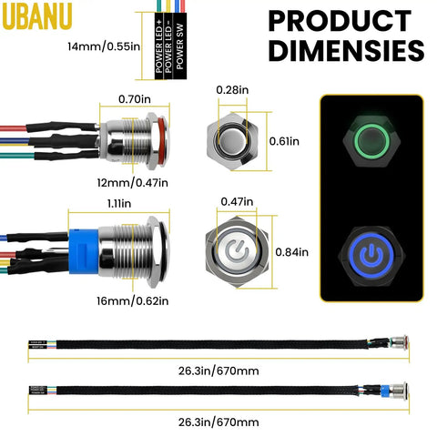 Dimensions of 2 Pack Chassis Switch With Metal Button 12mm Boot Reset And 16mm Host Switch Cable 60cm Extension