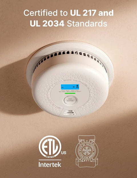 2-in-1 Smoke And Carbon Monoxide Detector With Display, 10 Year Battery, UL 217 And UL 2034 Certified, Model SC01 mounted