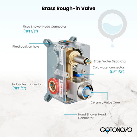 Brass rough-in valve for Chrome Polished Shower Faucet Set With 12 Inch Square Rainfall Showerhead, showing connectors and ceramic core.