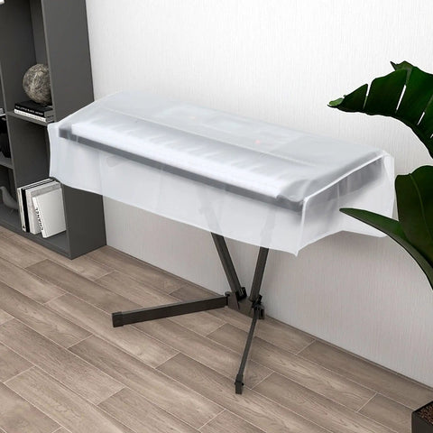 Keyboard Dust Cover For 88-Key Digital Pianos And Keyboards, Waterproof Transparent Piano Cover Shields Against Dust, Dirt, And Moisture, Keeps Your Gear Clean, Extends Lifespan, Fits Most 55 Inch Long Pianos, shown on a piano on a stand in a room with wooden floor.