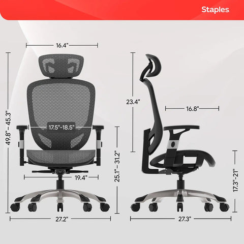 Ergonomic Mesh Office Chair With Adjustable Lumbar Support And Smooth Swivel Base dimensions showing height and width for remote work and gaming.