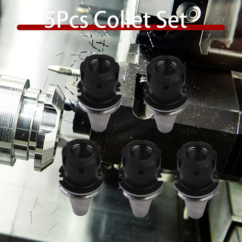 Five Piece CAT40 ER32 Collet Set With Collet Chuck Tooling For CNC Milling Lathe And Engraving Machines Pro Grade Precision 0.0001 Inch Accuracy Stainless Steel Build High Speed Up To 12000 RPM Durable And Easy To Use displayed against lathe equipment
