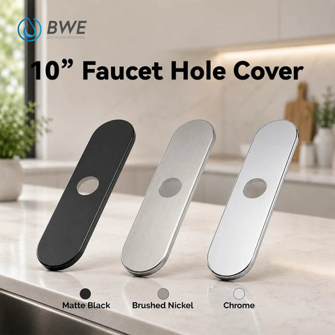 Foolproof Brushed Nickel Deck Plate And Faucet Hole Cover For Three Hole Sinks With Dead Stop Foam Gasket Plus Slick Stainless Steel Flange Build, 10" size, showing matte black, brushed nickel, and chrome finishes.