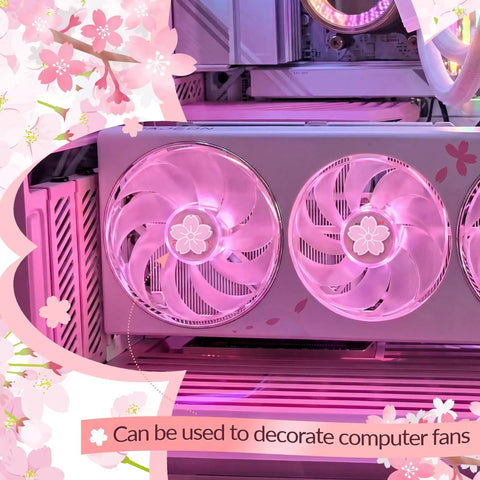 Pink Cherry Blossom PC Case Decor Set Featuring 15 Kawaii Sakura Stickers for Gamer Girls on computer fans.