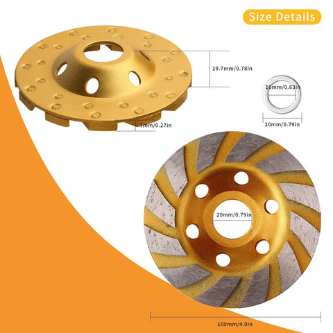 5 Piece Turbo Diamond Grinding Cup Wheels For Angle Grinders 4 Inch showing size details, 12 segment design for concrete and tile.