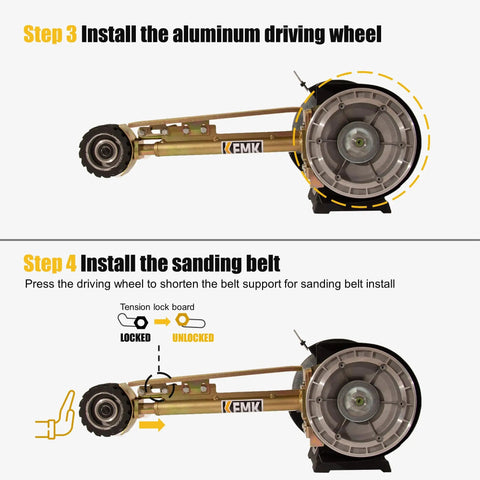 Heavy Duty Two Forty Eight Belt Grinder Attachment With Seven Inch Disc Sander Mount showing installation steps for driving wheel and sanding belt.