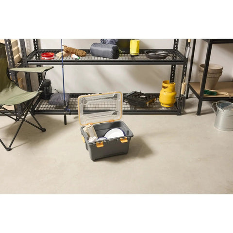 Tough As Nails 12 Gallon Waterproof Storage Tote With Clear Polycarbonate Lid and Slick Heavy Duty Latches Stackable Gray Bin displaying camping dishes.