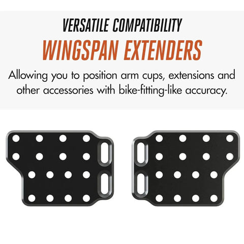 Pair of black Wingspan XL Aero Bar Armrest Extender plates, versatile design for triathlon and long-distance road bikes.