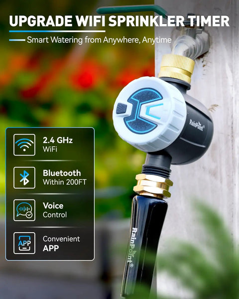 Smart WiFi Water Timer For Garden Hose And Sprinklers With Brass Inlet attached to outdoor faucet.