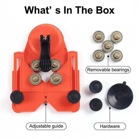 Adjustable Diamond Drill Guide With Suction Base For 1/8 To 3-1/4 Inch Hole Saws And Bits set showing components.