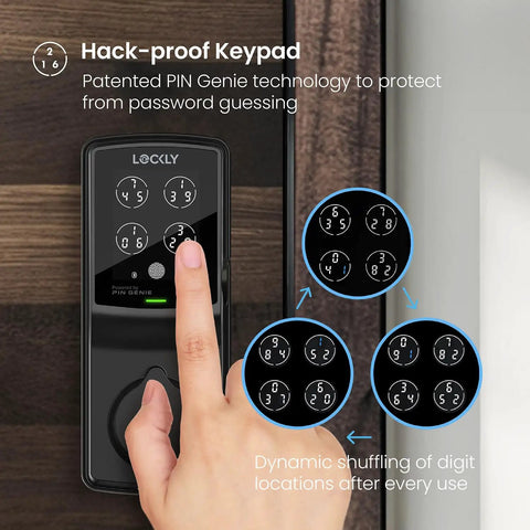 Badass Smart Deadbolt With Integrated Wifi Hub Featuring Quick Biometric Scanner And Rolling Digit Keypad For Smooth Keyless Entry Zero Monthly Costs Or Any Type Of Security Drama with a hand using the hack-proof keypad.