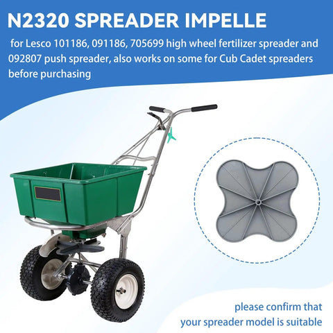 N2320 Spreader Impeller For Lesco 101186 091186 705699 High Wheel And 092807 Push Spreader Also Fits Select Cub Cadet Spreaders Pro Grade Replacement Part For Smooth Even Coverage And Long Lasting Performance shown next to green Lesco spreader