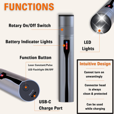 Sysotek fiber optic visual fault locator pen, front view with retractable head, USB-C charge port and battery LEDs