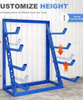 Top Notch 4 Tier Steel Lumber And Pipe Storage Rack With Adjustable Arms showcasing customizable height for various items.