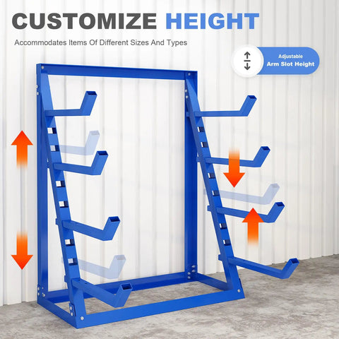 Top Notch 4 Tier Steel Lumber And Pipe Storage Rack With Adjustable Arms showcasing customizable height for various items.