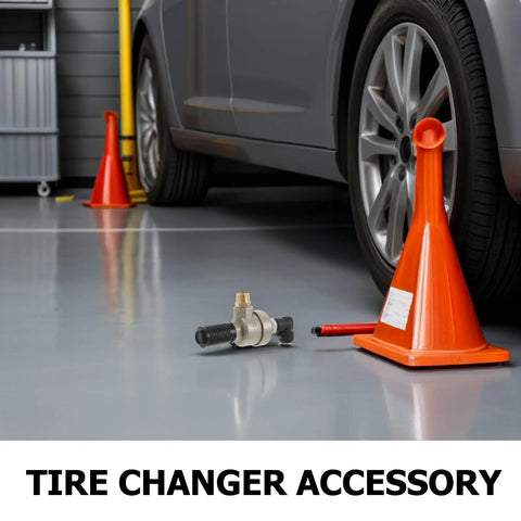 Universal Quick Release Tire Changer Valve Bead Breaker Exhaust For High Pressure Pneumatic Tire Machines Rapid Exhaust And Easy Replacement Wide Compatibility For Auto Shops And Commercial Tire Service, shown beside a car tire