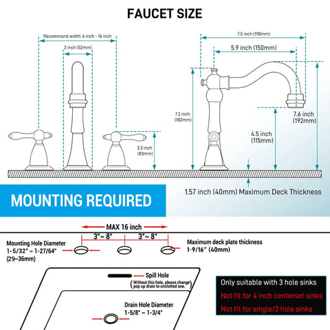 Diagram of 8 Inch Widespread Brushed Gold Bathroom Faucet With Overflow Pop Up Drain Assembly And 3 Hole Mount Solid Brass Vanity Sink Tap Complete With cUPC Water Supply Lines For Dope Luxury Look, showing dimensions and installation details.