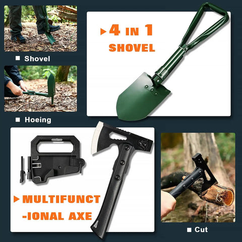 All In One Outdoor Survival Gear Set With Large Camping Backpack And First Aid Kit, Ultimate Camping Equipment For Hiking Adventures, folding shovel and axe