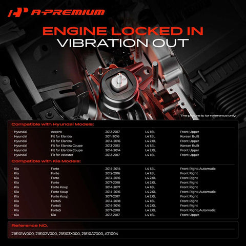 Premium Performance Engine Motor Mount Front Right Direct Bolt In Replacement For Hyundai And Kia Forte Models Built With Tough Bushings For Rock Solid Stability diagram showing compatible models and specifications.